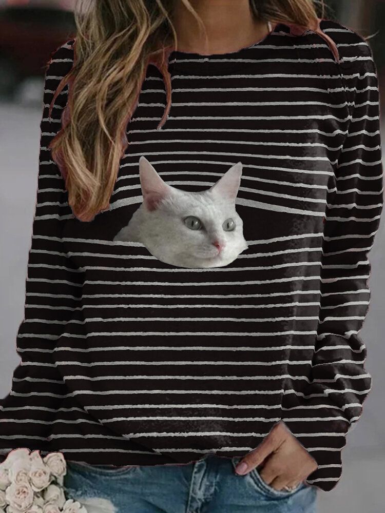 Sudaderas Casuales Negras Con Estampado De Gato A Rayas Para Mujer