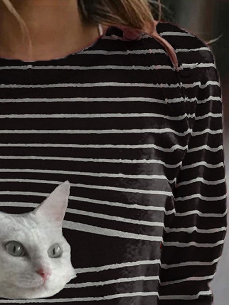 Sudaderas Casuales Negras Con Estampado De Gato A Rayas Para Mujer