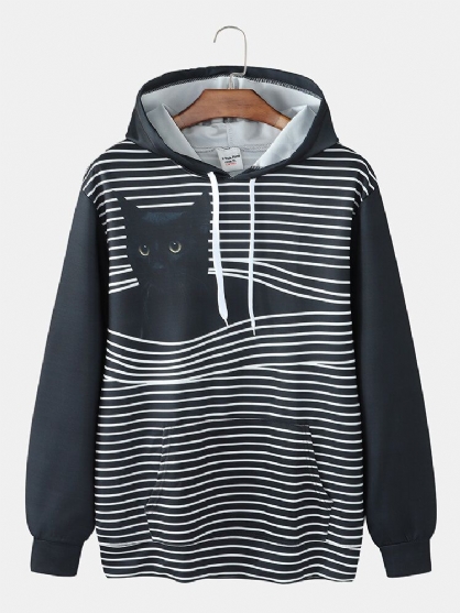 Sudaderas Con Bolsillo De Canguro Con Estampado De Gato A Rayas Para Hombre