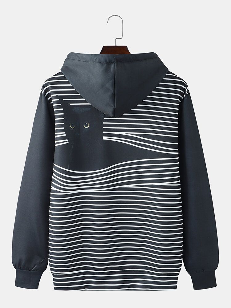 Sudaderas Con Bolsillo De Canguro Con Estampado De Gato A Rayas Para Hombre