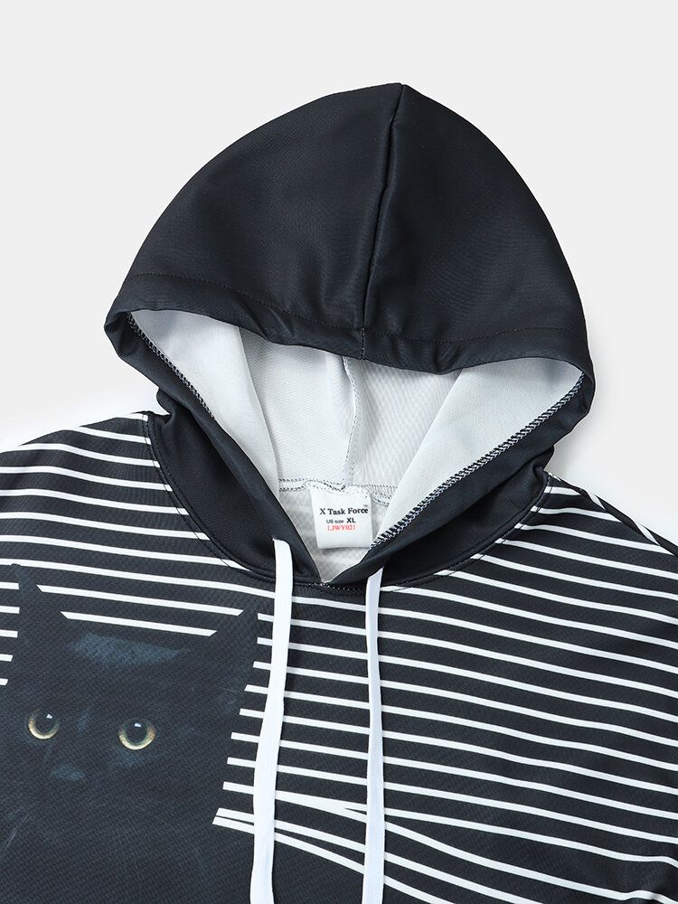 Sudaderas Con Bolsillo De Canguro Con Estampado De Gato A Rayas Para Hombre