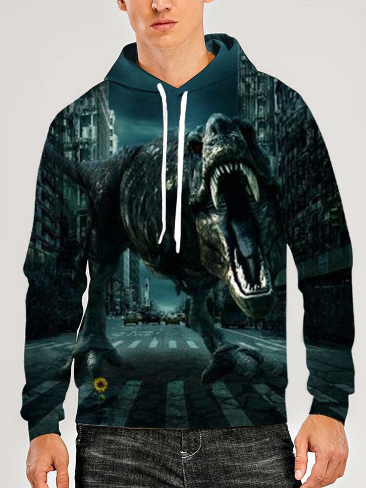 Sudaderas Con Bolsillo De Manga Larga Con Estampado De Dinosaurios Y Vistas De La Ciudad En 3d Para Hombre Con Bolsillo