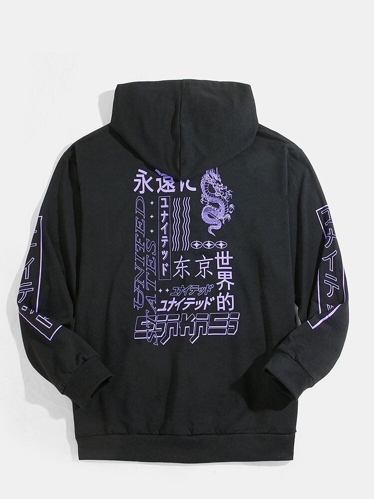 Sudaderas Con Capucha De Algodón Con Bolsillo De Canguro Negro Con Estampado De Texto Japonés Para Hombre