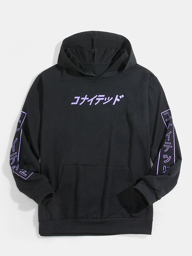 Sudaderas Con Capucha De Algodón Con Bolsillo De Canguro Negro Con Estampado De Texto Japonés Para Hombre