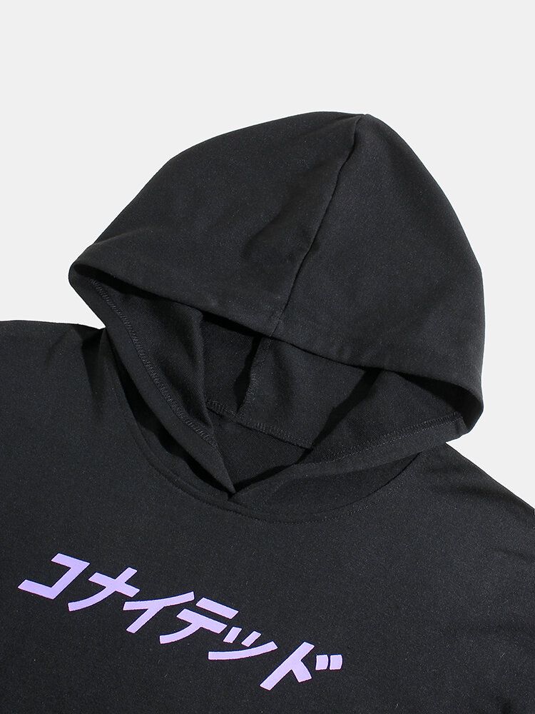 Sudaderas Con Capucha De Algodón Con Bolsillo De Canguro Negro Con Estampado De Texto Japonés Para Hombre