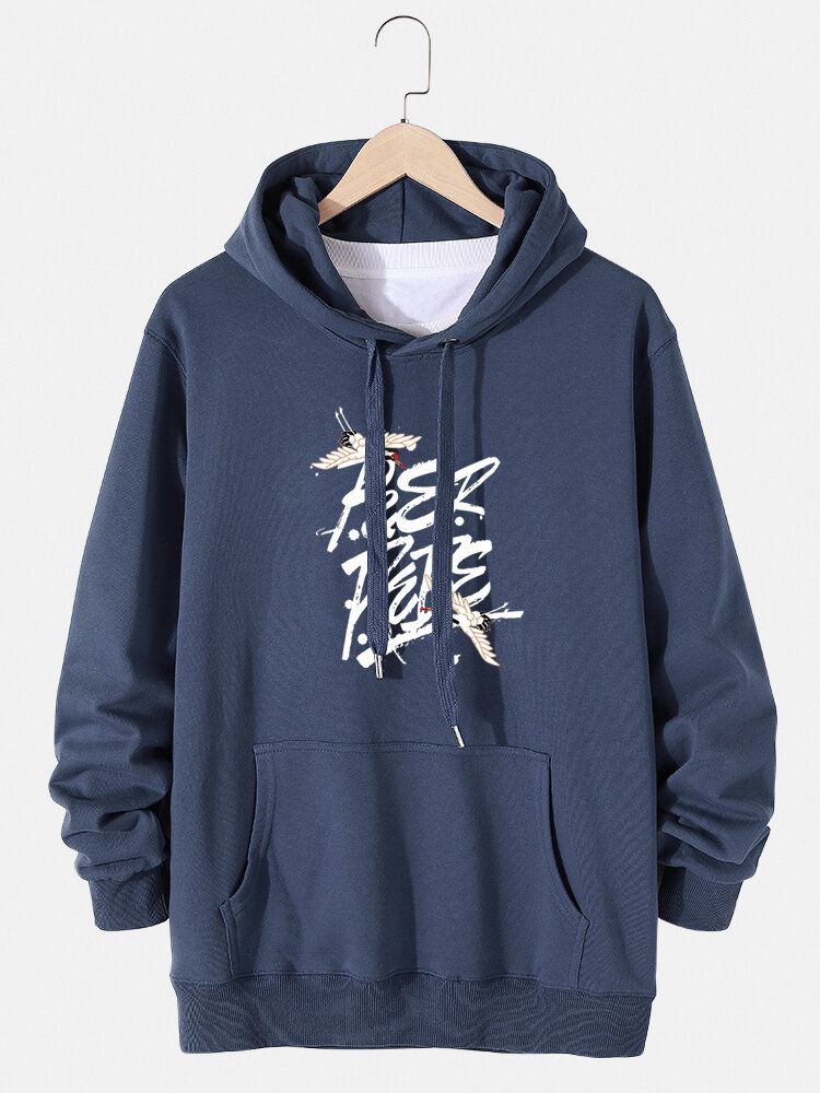 Sudaderas Con Capucha De Algodón Con Cordón Y Estampado De Letras De Grúa Para Hombre Con Bolsillo