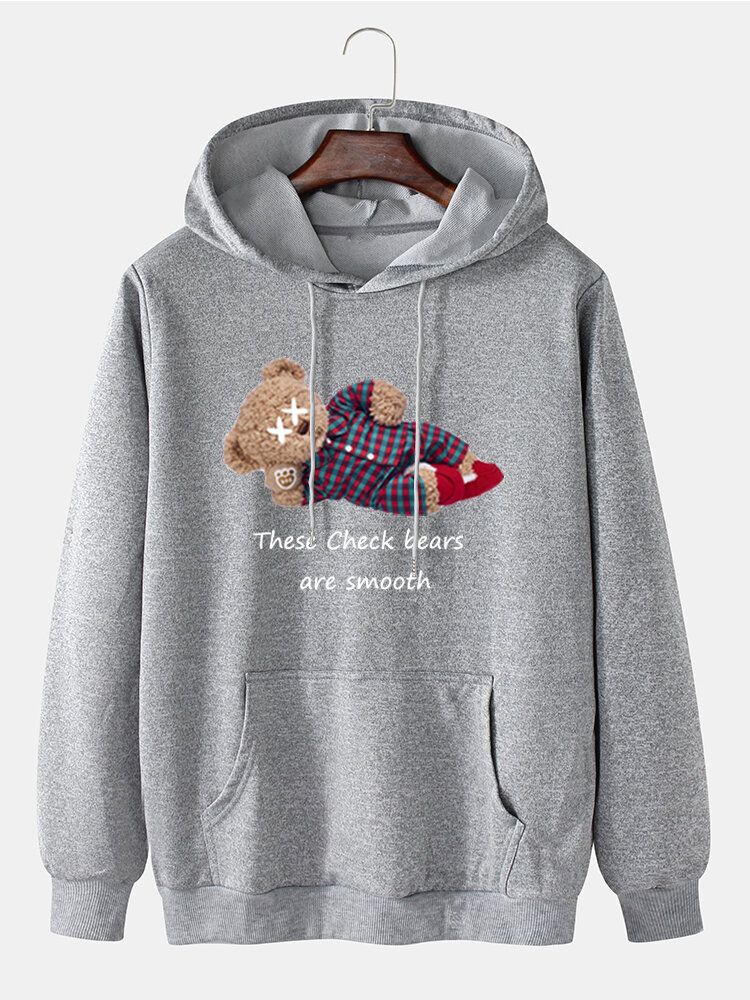 Sudaderas Con Capucha De Algodón Con Cordón Y Estampado De Letras De Oso A Cuadros Para Hombre Con Bolsillo