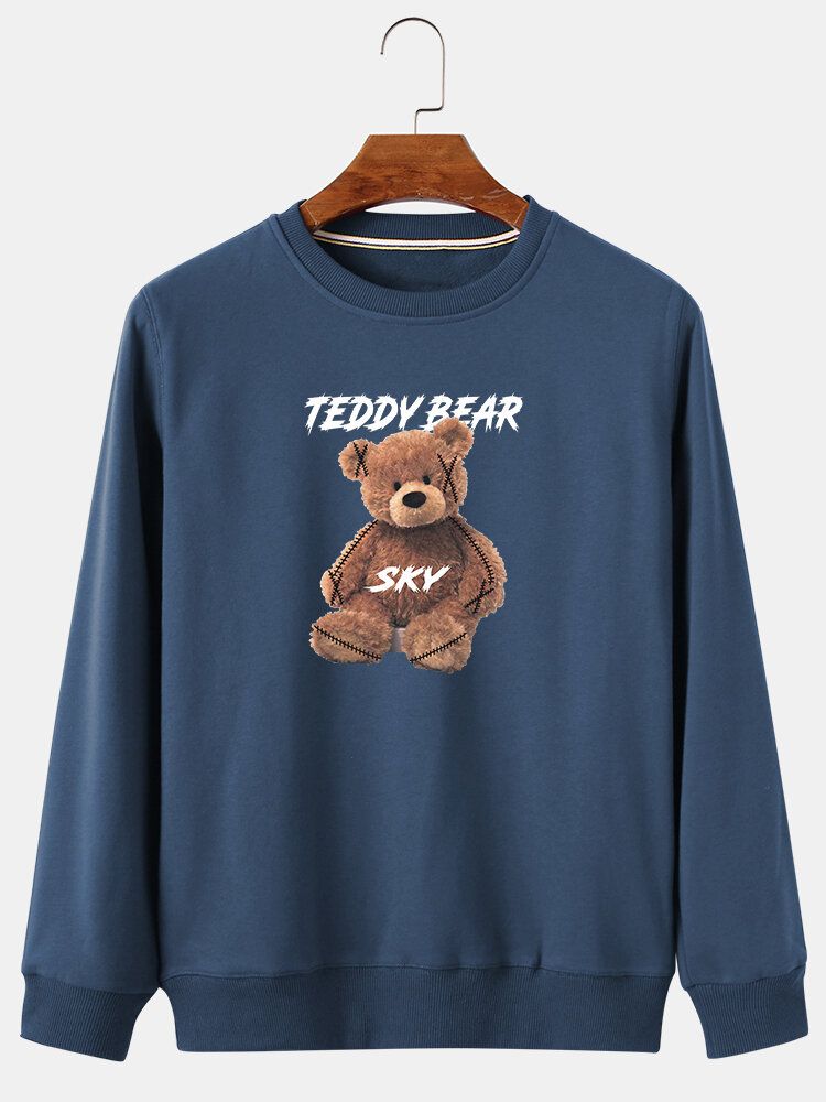 Sudaderas Con Capucha De Algodón Con Cuello Redondo Y Estampado De Letras De Oso De Peluche De Dibujos Animados Para Hombre