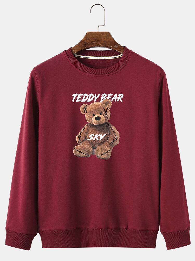 Sudaderas Con Capucha De Algodón Con Cuello Redondo Y Estampado De Letras De Oso De Peluche De Dibujos Animados Para Hombre