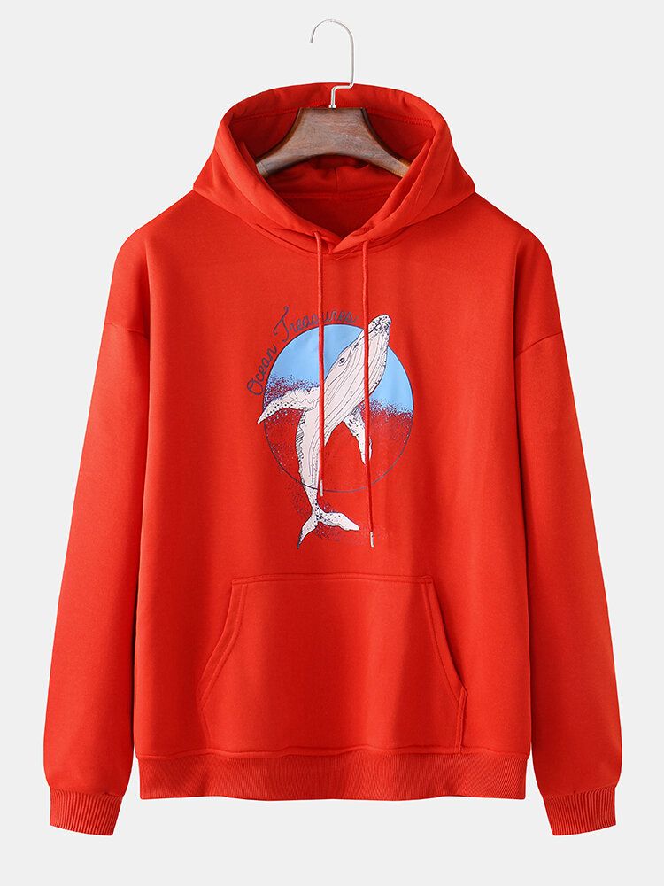 Sudaderas Con Capucha De Algodón Con Estampado De Ballenas De Dibujos Animados Para Hombre Con Bolsillo De Canguro