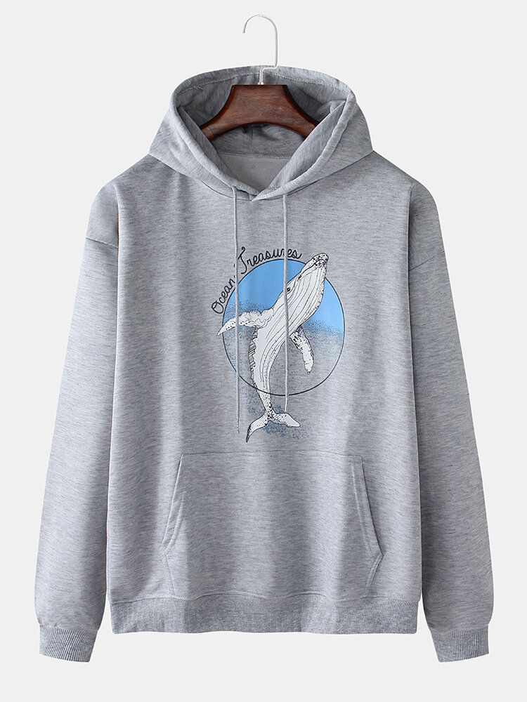 Sudaderas Con Capucha De Algodón Con Estampado De Ballenas De Dibujos Animados Para Hombre Con Bolsillo De Canguro