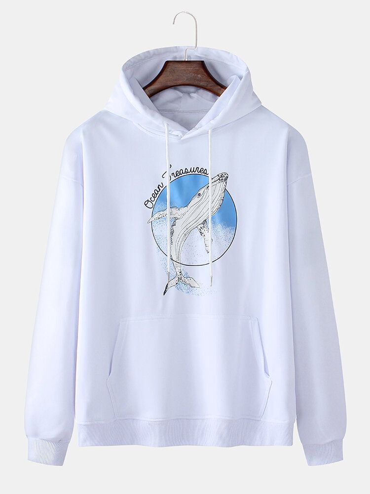 Sudaderas Con Capucha De Algodón Con Estampado De Ballenas De Dibujos Animados Para Hombre Con Bolsillo De Canguro