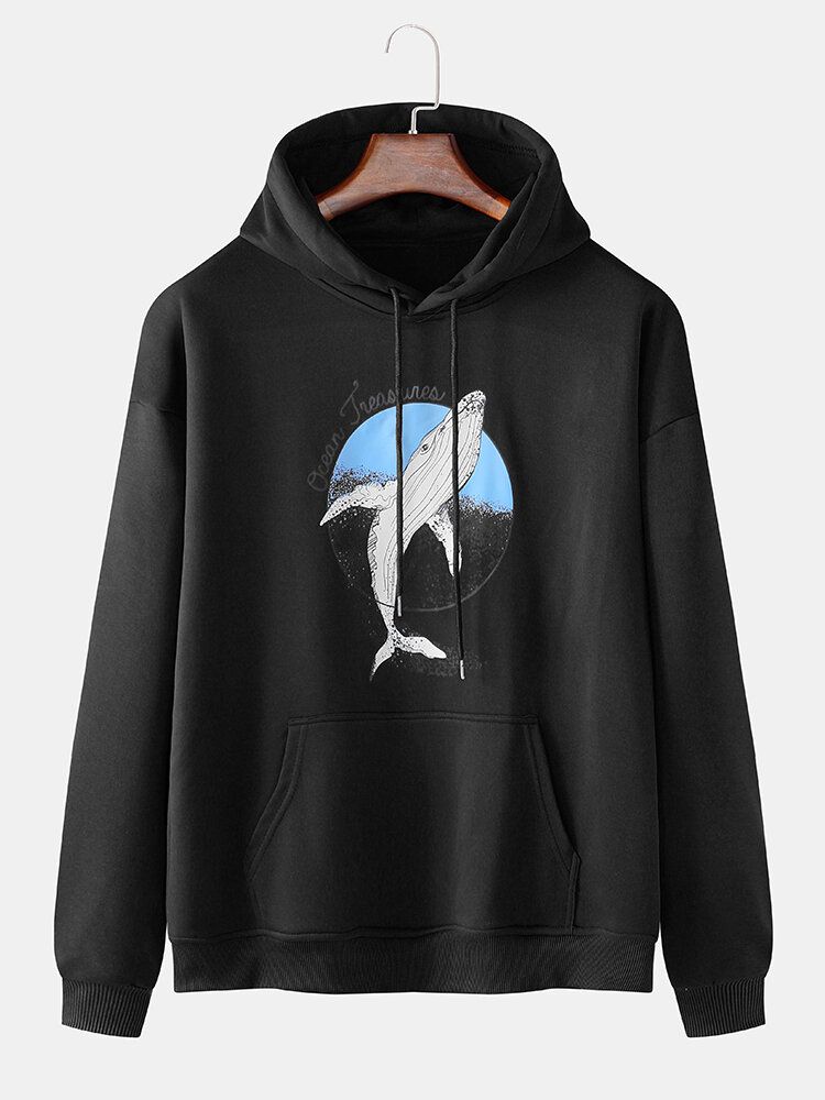 Sudaderas Con Capucha De Algodón Con Estampado De Ballenas De Dibujos Animados Para Hombre Con Bolsillo De Canguro