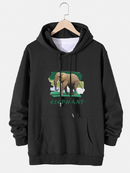 Sudaderas Con Capucha De Algodón Con Estampado De Elefante Y Letras Para Hombre Con Bolsillo