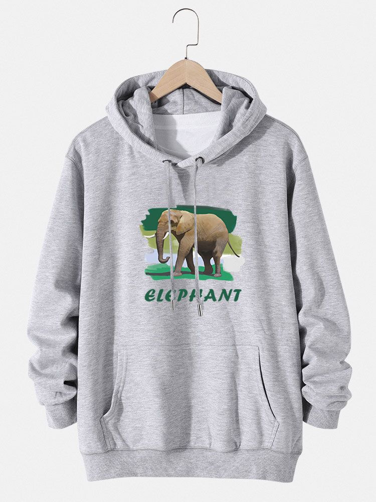 Sudaderas Con Capucha De Algodón Con Estampado De Elefante Y Letras Para Hombre Con Bolsillo