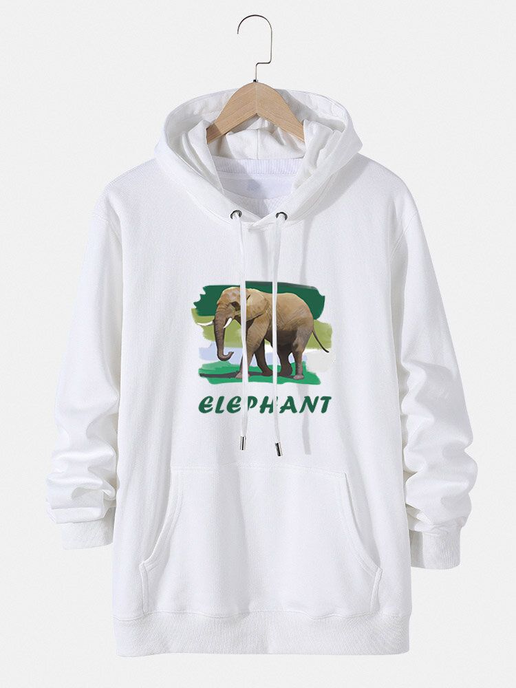 Sudaderas Con Capucha De Algodón Con Estampado De Elefante Y Letras Para Hombre Con Bolsillo