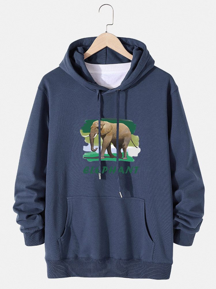 Sudaderas Con Capucha De Algodón Con Estampado De Elefante Y Letras Para Hombre Con Bolsillo