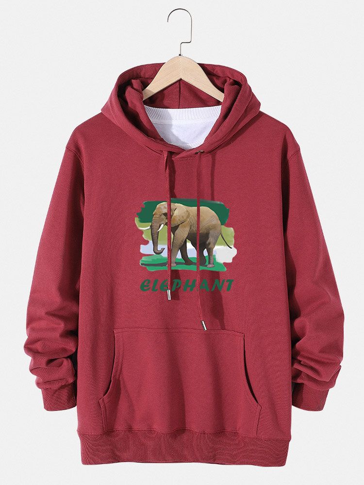 Sudaderas Con Capucha De Algodón Con Estampado De Elefante Y Letras Para Hombre Con Bolsillo