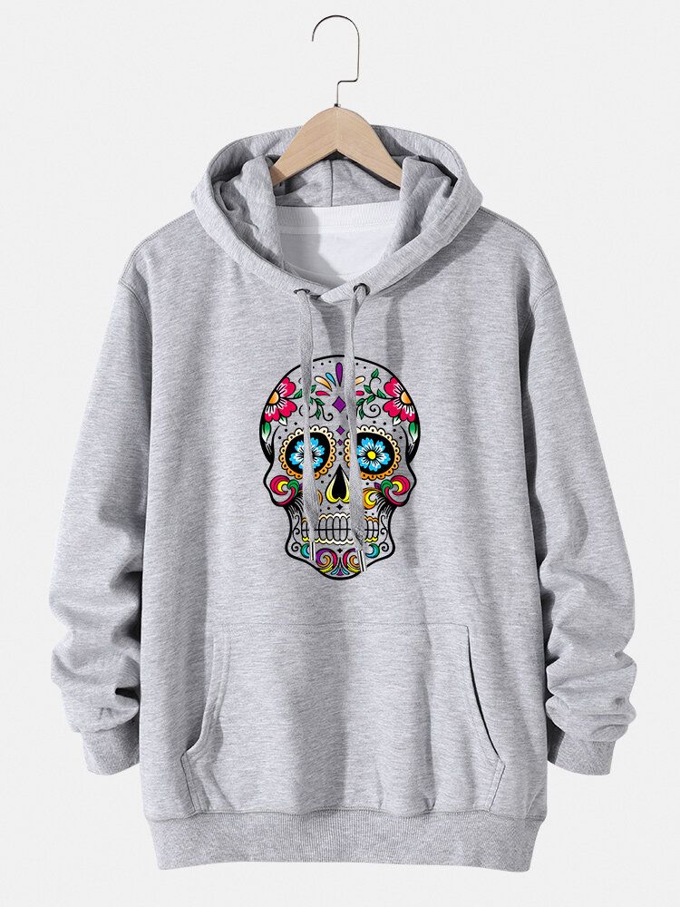 Sudaderas Con Capucha De Algodón Con Estampado Floral Y Calavera Para Hombre Con Bolsillo