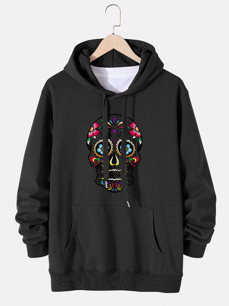 Sudaderas Con Capucha De Algodón Con Estampado Floral Y Calavera Para Hombre Con Bolsillo