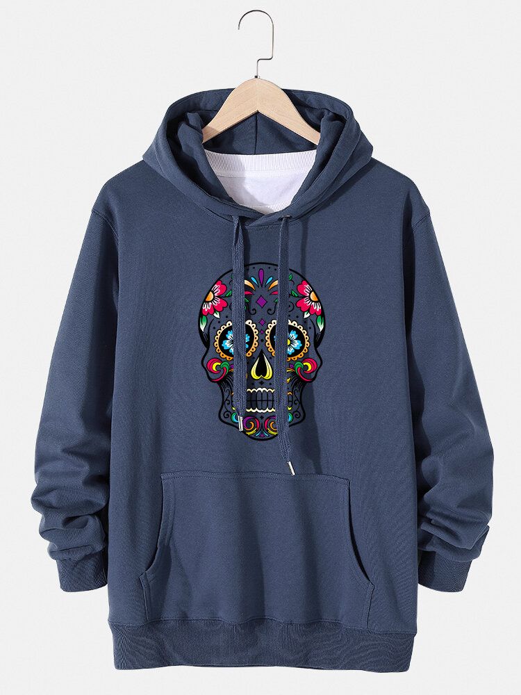 Sudaderas Con Capucha De Algodón Con Estampado Floral Y Calavera Para Hombre Con Bolsillo