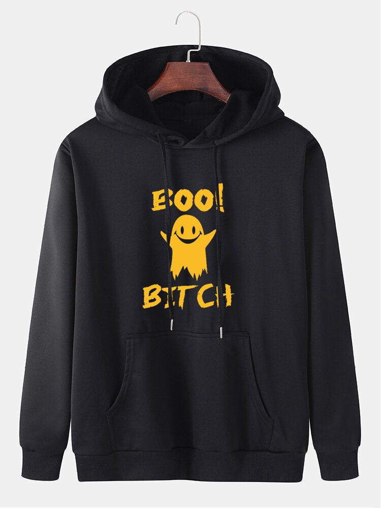 Sudaderas Con Capucha De Algodón Con Estampado De Letras Fantasma De Dibujos Animados Para Hombre Con Bolsillo De Canguro