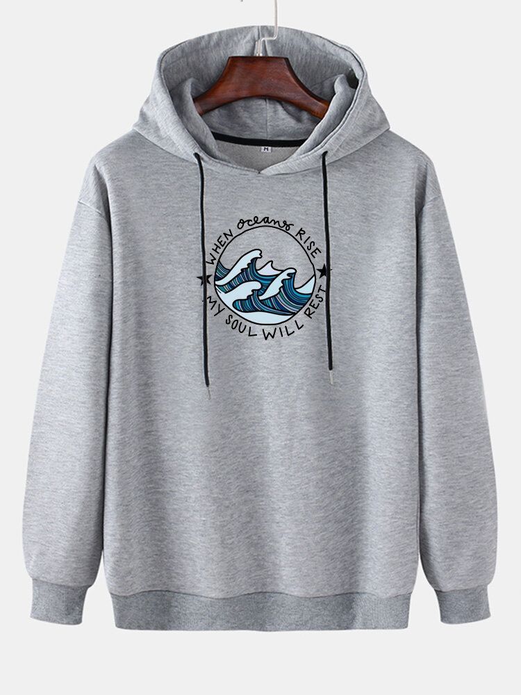 Sudaderas Con Capucha De Algodón Informal Con Hombros Caídos Y Estampado De Ondas De Dibujos Animados Para Hombre