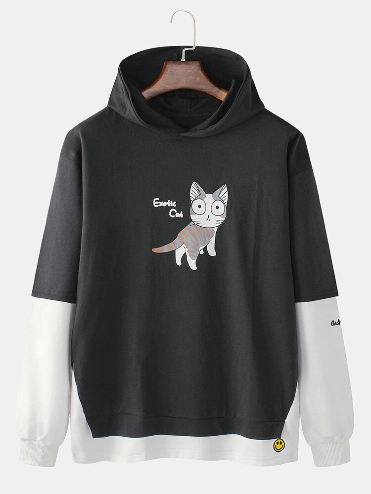 Sudaderas Con Capucha De Algodón De Manga Larga Con Estampado De Gato De Dibujos Animados Lindo Para Hombre