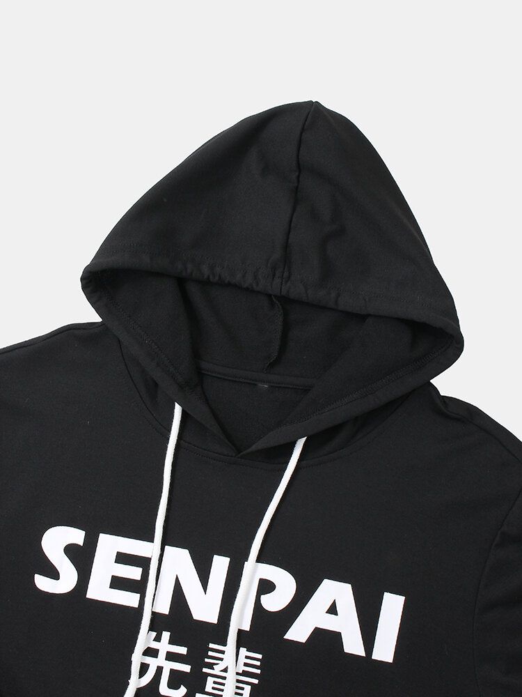 Sudaderas Con Capucha De Algodón Negro Con Estampado De Texto De Estilo Étnico Para Hombre Con Bolsillo De Canguro