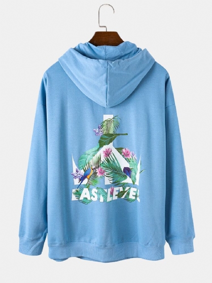 Sudaderas Con Capucha Azules Con Hombros Caídos De Manga Larga Con Estampado De Letras De Plantas Para Hombre