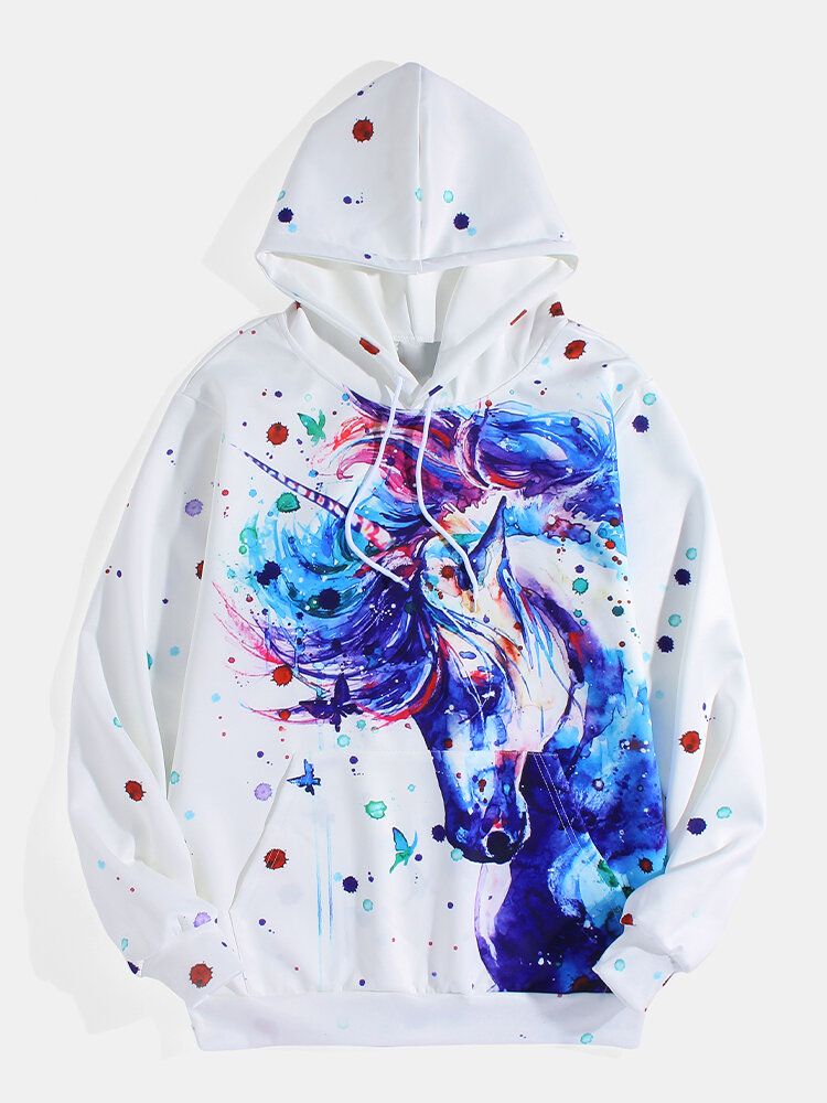 Sudaderas Con Capucha Blancas Con Diseño De Manga Larga Y Bolsillo De Canguro Con Estampado De Unicornio Para Hombre