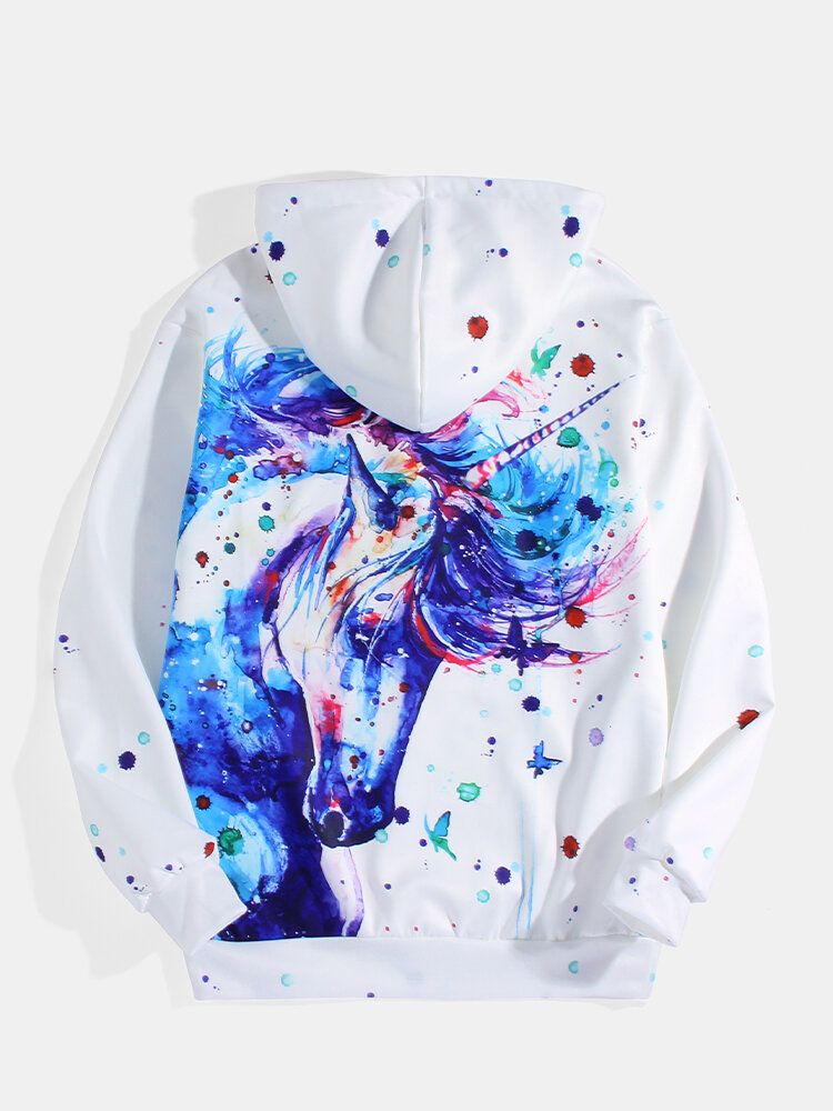 Sudaderas Con Capucha Blancas Con Diseño De Manga Larga Y Bolsillo De Canguro Con Estampado De Unicornio Para Hombre