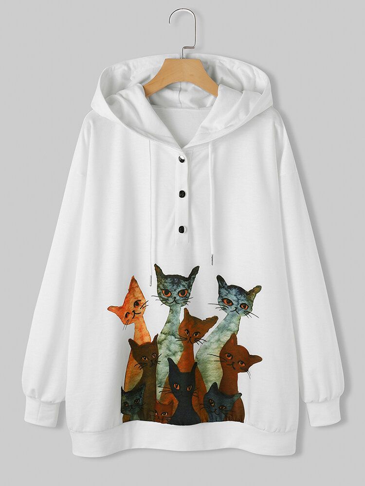 Sudaderas Con Capucha Blancas Lindas De Manga Larga Con Estampado De Gato De Dibujos Animados Múltiples Para Mujer