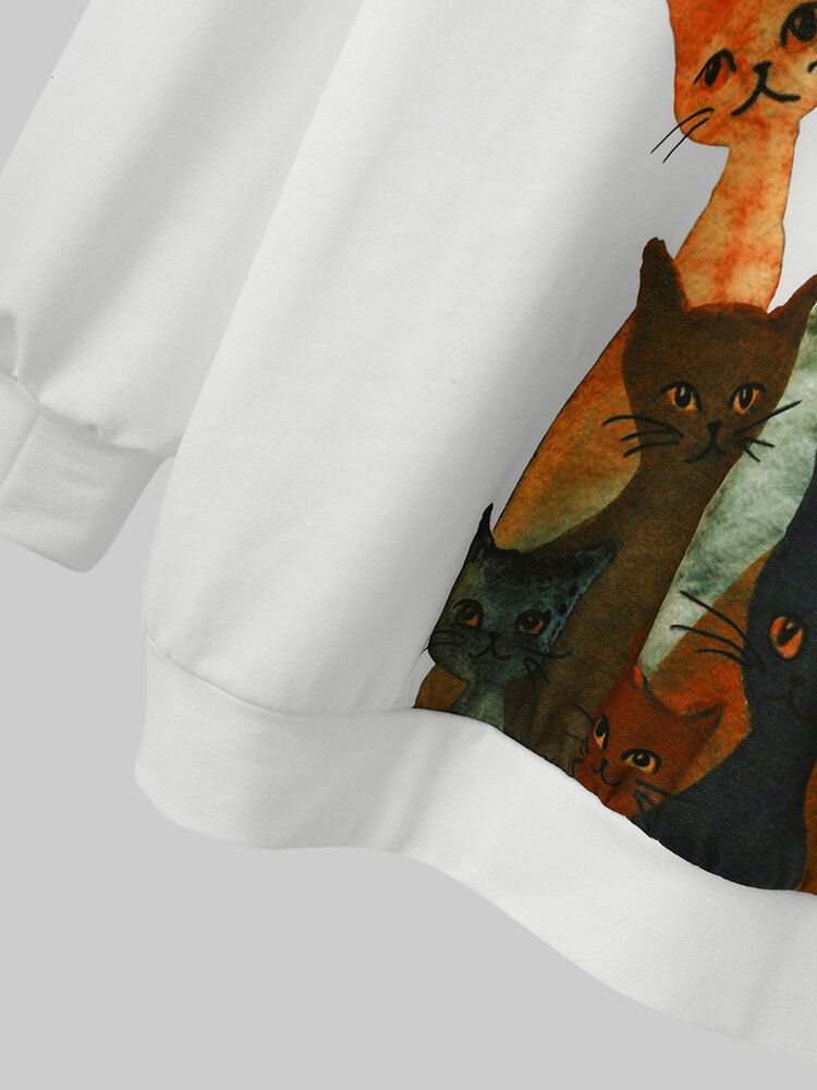 Sudaderas Con Capucha Blancas Lindas De Manga Larga Con Estampado De Gato De Dibujos Animados Múltiples Para Mujer