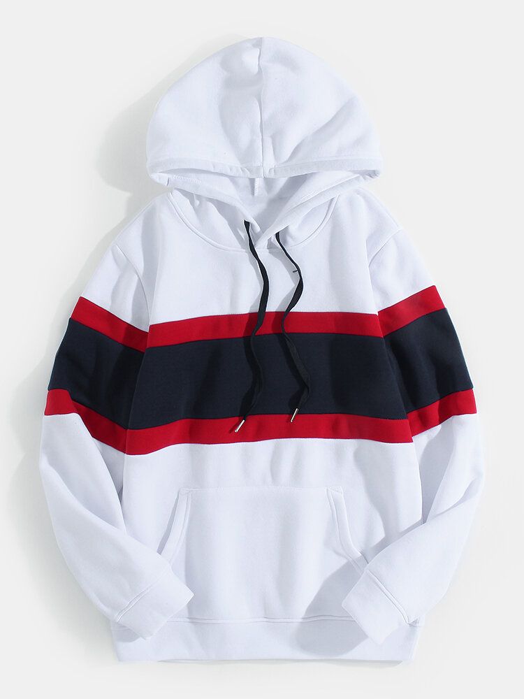 Sudaderas Con Capucha Blancas De Manga Larga Con Bloques De Color Para Hombre Con Bolsillo Canguro