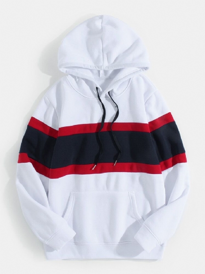 Sudaderas Con Capucha Blancas De Manga Larga Con Bloques De Color Para Hombre Con Bolsillo Canguro