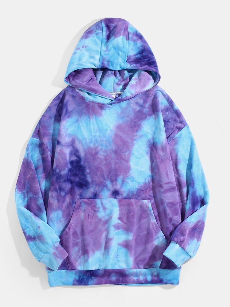 Sudaderas Con Capucha De Bolsillo Con Bolsillos Informales Con Hombros Caídos Con Estampado Tie Dye Para Hombre