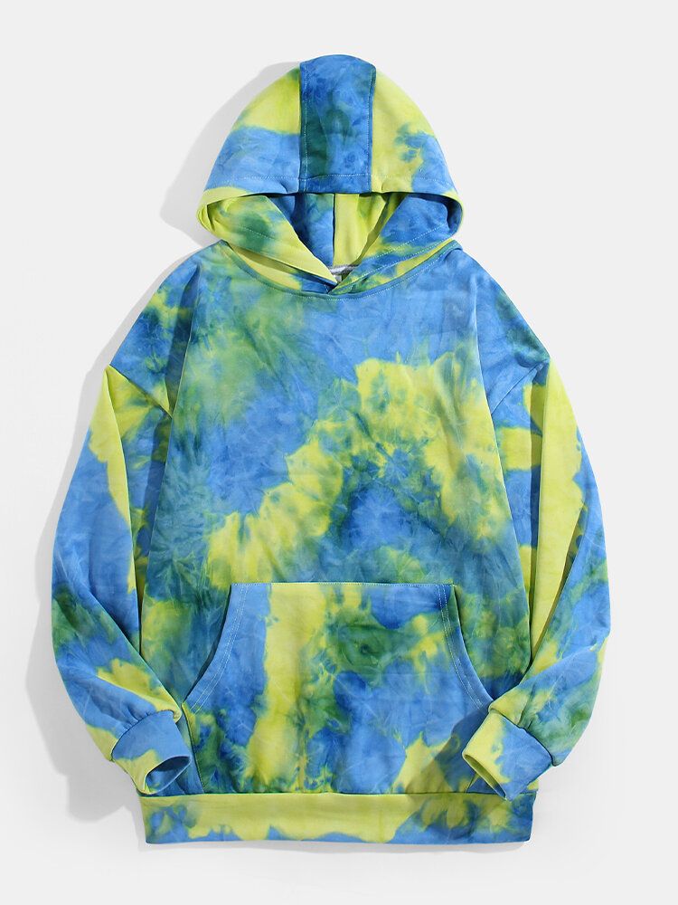 Sudaderas Con Capucha De Bolsillo Con Bolsillos Informales Con Hombros Caídos Con Estampado Tie Dye Para Hombre