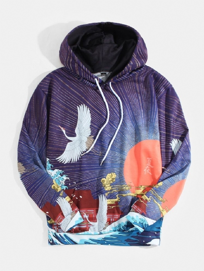 Sudaderas Con Capucha De Bolsillo De Canguro Con Estampado De Paisaje De Estilo Étnico Ukiyoe Para Hombre