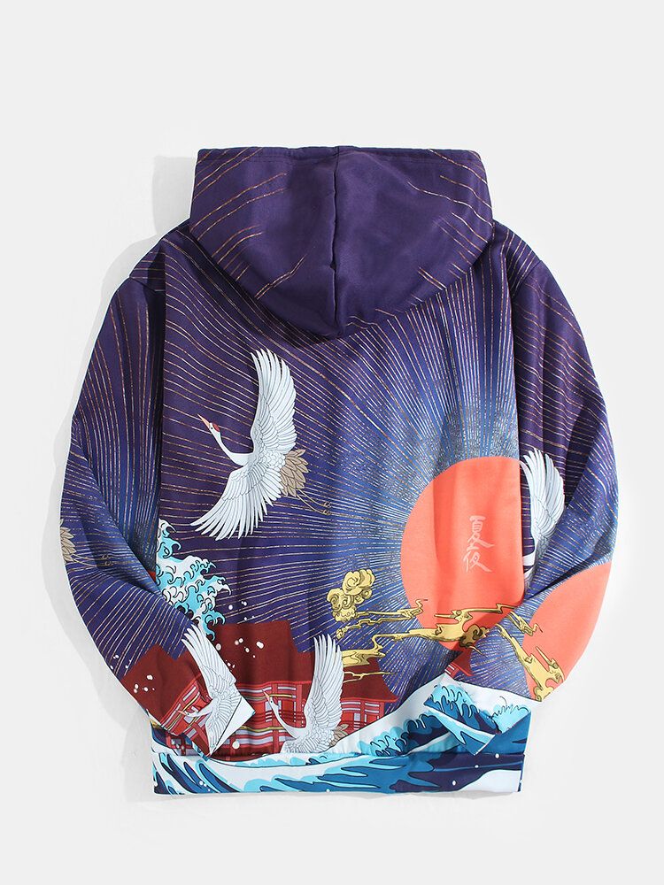 Sudaderas Con Capucha De Bolsillo De Canguro Con Estampado De Paisaje De Estilo Étnico Ukiyoe Para Hombre