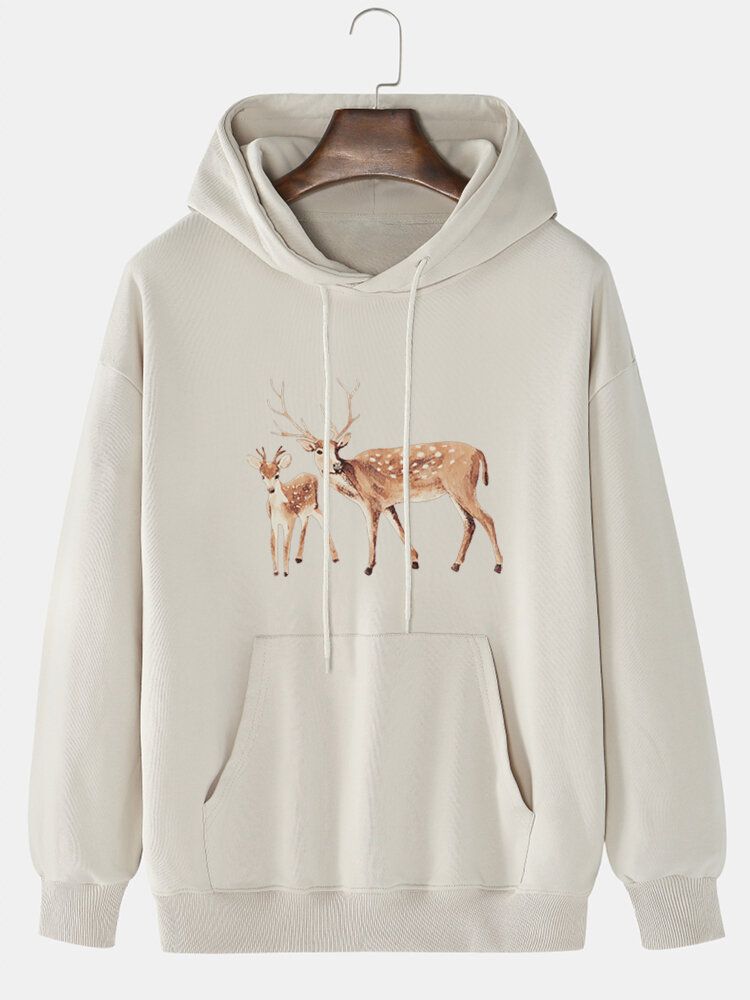 Sudaderas Con Capucha De Bolsillo De Canguro Con Hombros Caídos Y Estampado De Alces De Dibujos Animados Para Hombre