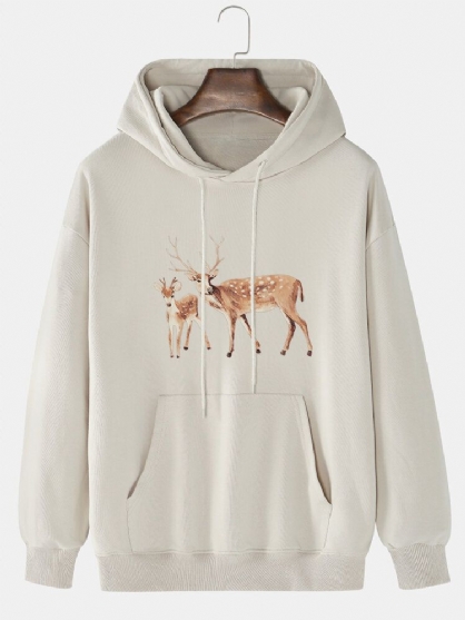 Sudaderas Con Capucha De Bolsillo De Canguro Con Hombros Caídos Y Estampado De Alces De Dibujos Animados Para Hombre