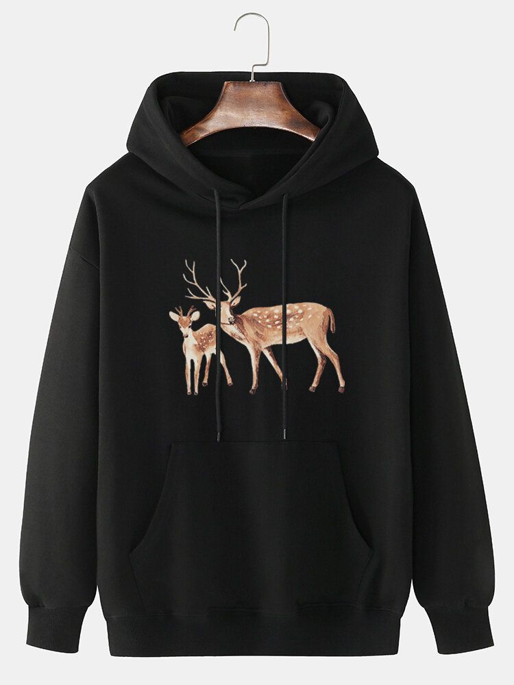 Sudaderas Con Capucha De Bolsillo De Canguro Con Hombros Caídos Y Estampado De Alces De Dibujos Animados Para Hombre