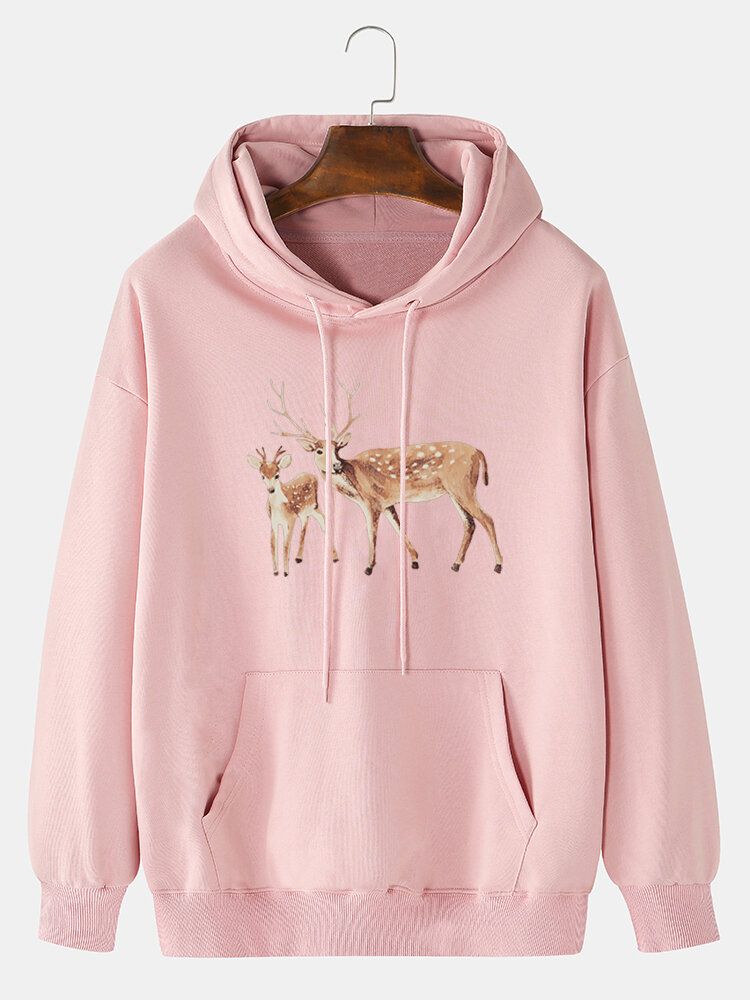 Sudaderas Con Capucha De Bolsillo De Canguro Con Hombros Caídos Y Estampado De Alces De Dibujos Animados Para Hombre