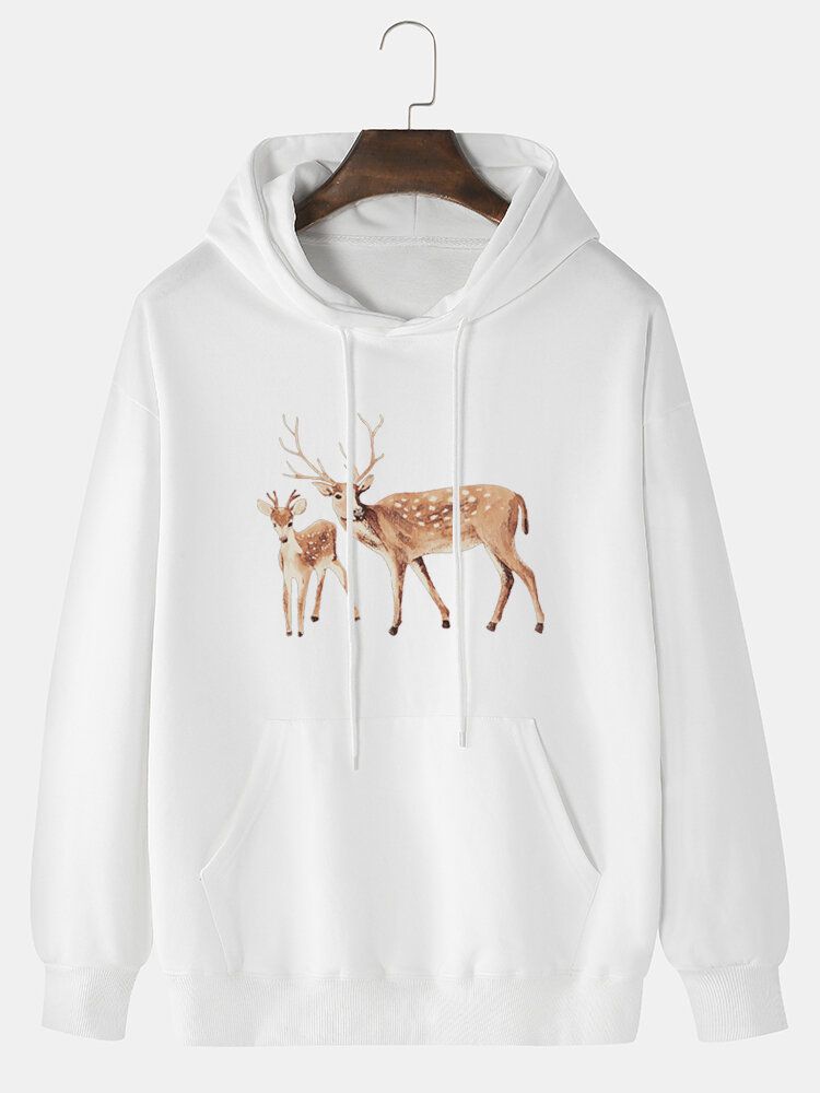 Sudaderas Con Capucha De Bolsillo De Canguro Con Hombros Caídos Y Estampado De Alces De Dibujos Animados Para Hombre