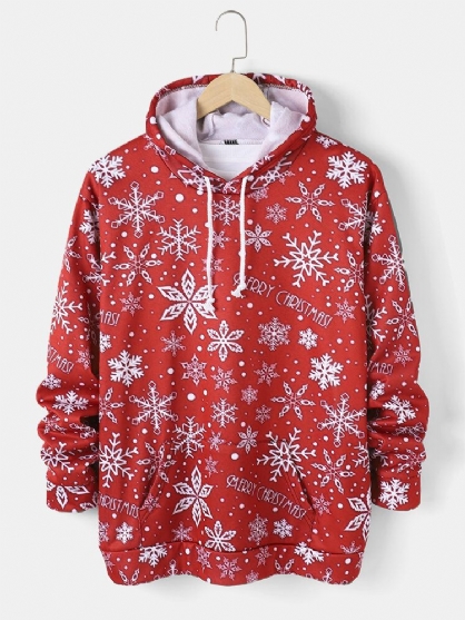 Sudaderas Con Capucha De Bolsillo De Canguro Informal Con Estampado De Copo De Nieve Y Letras Navideñas Para Hombre