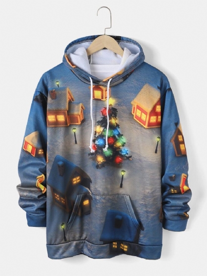 Sudaderas Con Capucha De Bolsillo De Canguro Informal Impresas En 3d De La Casa Del Árbol De Navidad Para Hombre