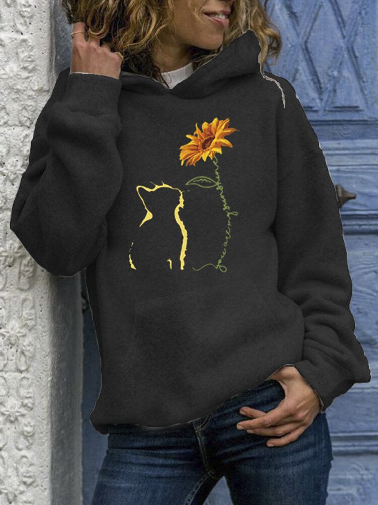 Sudaderas Con Capucha De Bolsillo De Canguro De Manga Larga Con Estampado De Girasol Y Gato Abstracto Para Mujer