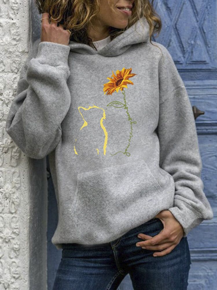 Sudaderas Con Capucha De Bolsillo De Canguro De Manga Larga Con Estampado De Girasol Y Gato Abstracto Para Mujer