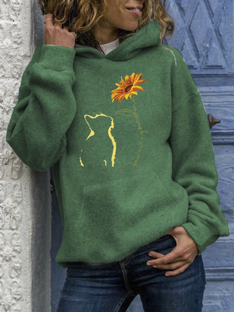 Sudaderas Con Capucha De Bolsillo De Canguro De Manga Larga Con Estampado De Girasol Y Gato Abstracto Para Mujer